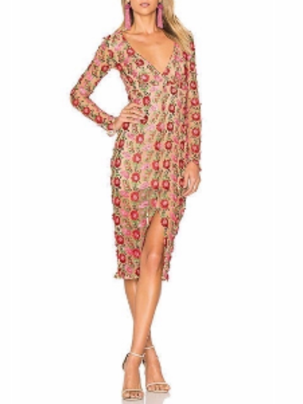 For Love & Lemons Pink and Gold Floral Sequin V-Neck Midi Dress